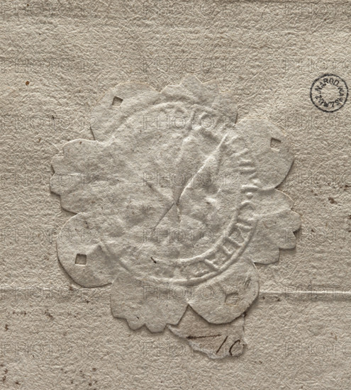 Round seal impression of the town of Pawlów, Chelm Voivodeship; both the central drawing and rim inscription illegible. 1787; city seal of Pawlów; document seal; round seal; Poland; maker: Zurakowski, Witold (?-1927).