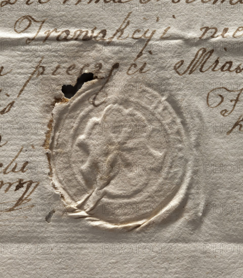 Round seal impression of the town of Pilica. In the decorative cartouche a rooted lily. Illegible inscription on the rim. The seal dates from the 16th/17th century. 1778. Poland. city seal of the town of Pilica; city seals; seals with coats of arms; official seals; document seals; Round seal; seal. WQXBCFS