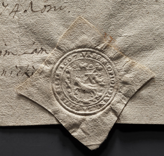 Round seal impression of the town of Piwniczna. On a Baroque shield, a lamb turned to the right, with a flag. Inscription around the rim: VRBEM OPIDI PIWNICZA SZ. 1607. Poland. Seal.