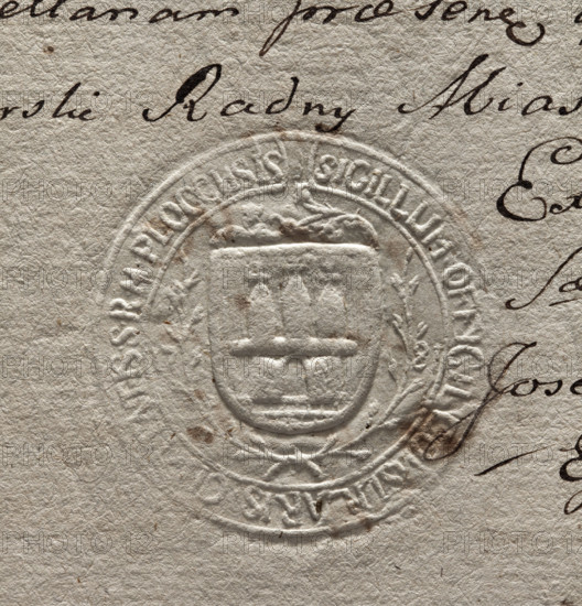 Round imprint of the city seal of Plock. On a vertically hatched shield surrounded by laurel branches, a city wall with an open gate and three towers topped with crosses. In the rim, an inscription: SIGILLUM . OFFICII CONSULARIS ., IS . S . R . M . PLOCCNSIS, 1781. Poland. Seal.