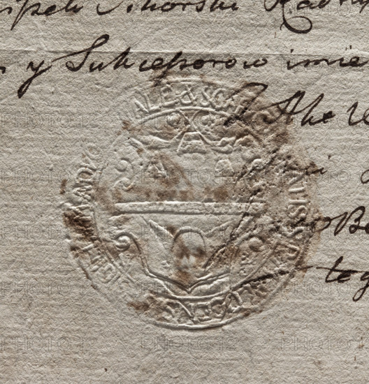Round imprint of the city seal of Plock. In a decorative cartouche, a wall with an open gate and three towers. Date 1781. In the rim, the inscription: SIGILLUM ADVOCAL & SCABALIS S.R.M. PLOCENSIS. 1781. Poland. Seal.