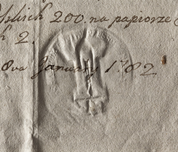 Round seal impression of the town of Pleszew. Clanned tower with a gate, two windows in a column, standing on a base. Illegible inscription on the rim. 1782, Poland, city seal, official seal, seal attached to a document.