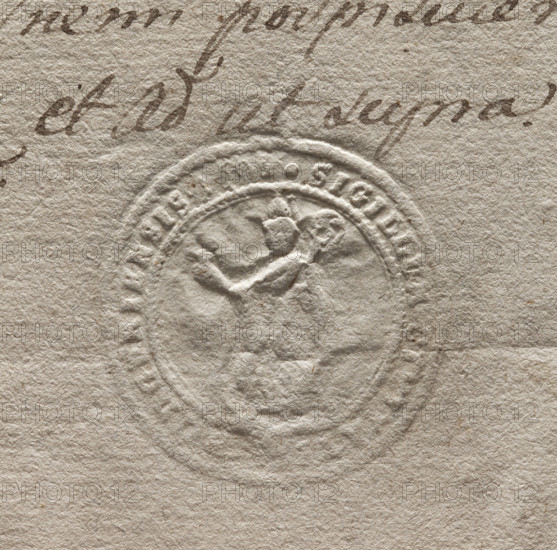 Round imprint of the seal of the town of Podgórze. Figure of a bishop in a miter holding a crosier. In the rim an inscription: SIGILLUM, IERSIS 160, ., 1606. Poland. Seal.