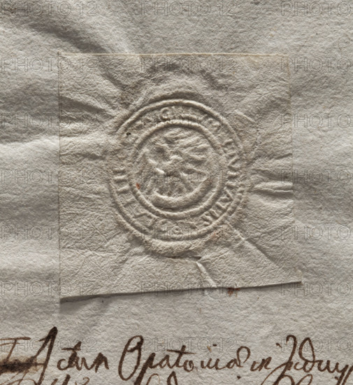 Round imprint of the seal of the town of Polaniec. Royal eagle standing, holding a horn in its talons. Inscription around the rim: SIGILLUM * CIVITATIS * POLANIECZ *. 1673. Poland. Seal.