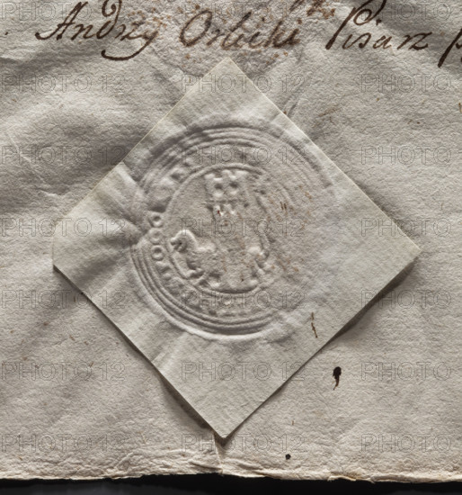 Round imprint of the city seal of Pogorzela. Tower with a gate and three battlements; behind it a lion with a long tail, turned to the right. Partially illegible rim inscription: '+S, CIVITATIS . POGORZEL.+'. 1774, Poland.
