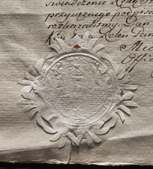 Circular imprint of the seal of the city of Poznan. City wall with an open gate, within it two crossed keys. Above the line of the walls are three towers, each with two windows in a row. Above the middle, highest one is an eagle without a crown; on the right tower stands St. Peter with a key and on the left St. Paul with a sword. Illegible inscription on the sash in the half-circle. 1788, Poland, stamp.