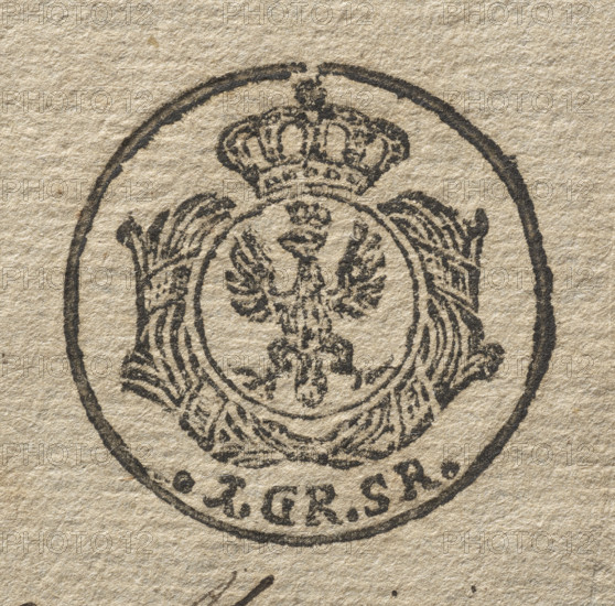 Round seal impression of the town of Proszowice, Kraków Voivodeship. In a round, baroque cartouche with five feathers forming a jewel an illegible drawing of St. John's head on a bowl. In the rim is the inscription: SIGILLUM, ICENSIS., 1777. Seal; Poland.