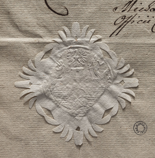 Circular imprint of the seal of the city of Poznan. City wall with an open gate, within it two crossed keys. Above the line of the walls are three towers, each with two windows in a row. Above the middle, highest one is an eagle without a crown; on the other two stand St. Peter with a key on the right tower and St. Paul with a sword on the left. Illegible inscription on the sash in the half-circle. 1788, Poland, stamp.
