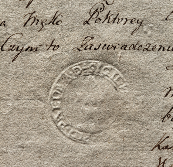 Oval seal impression of the town of Przedbórz. Two crenellated towers with crowns above, a third lower one in the middle with an open gate—drawing poorly legible. Inscription around the rim: SIGILLUM ONSTI OPPIDI 1793. City seal of Przedbórz, Poland; official municipal seal attached to a document.