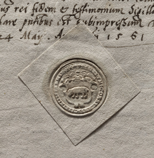 Round seal impression of the town of Przemysl, Ruthenian Voivodeship. In a decorative cartouche a bear striding to the right. In the rim an inscription: LUM CONSV, CIVITATIS, 1561, Poland.