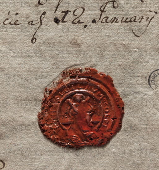 Round wax impression of the seal of the town of Przemet. In the central field, the figure of Saint Andrew sitting on a throne. In his right hand he holds a diagonal cross. Around the rim is the inscription: SIGILLUM OPPID[?]. Dated 1785. Poland. Stamp.