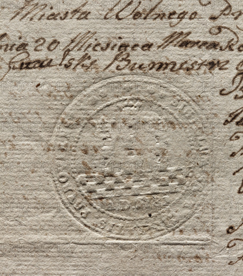 Round seal impression of the town of Przyrów. City wall with three towers, the middle one higher, each with two windows and decorated with a crown. Inscription around the rim: + . SIGILLUM S(ANCTE). R(EGIAE). M(AIESTATIS) PRYROVIENSIS .. : +. 1782. Poland.