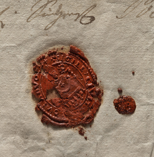 Oval seal impression of the town of Przyrów. In the central field, within a pearl border, a seated figure of a bishop in a miter and with a crosier. Below the throne, the date 1685. Around the rim is the inscription: + ..SIGILL : CIVIT, OV : ADVO, :.. +. 1685. Poland. Stamp. Dimensions: 30 mm and 36 mm.