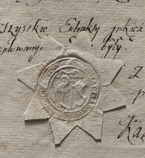 Round seal impression of the town of Pultusk. In a decorative cartouche, a cross with a pennant and a crosier. In the rim, the inscription: CIVITAT . PVLTIVIE. 1788. Poland. Seal.