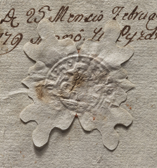 Round seal impression of the town of Pyzdry. Central drawing and inscription illegible. Depicts a fortress wall with three gates and six battlements; a standing crowned female figure receiving rose branches from two other figures. Rim inscription: 'SIGIL : CIVIT : [     PYZDRY ANNO 17..]'. Dated 1779. Seal (stamp), Poland. Made by Zurakowski, Witold (?-1927). Seals attached to documents; official city seal/coats of arms.
