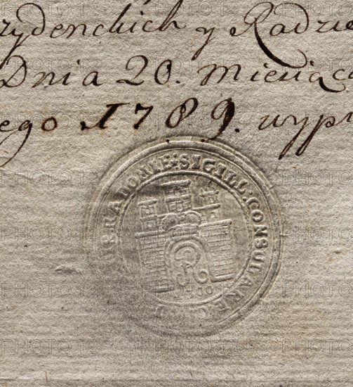 Round seal impression of the city of Radom. City wall with an open gate; in the gate the letter R, a royal crown above the gate. On the wall are three towers with battlements, the middle one larger. Inscription on the rim: + SIGILL : CONSULARE : CI, S : RADOMIE *, 1789. Seal; Poland.