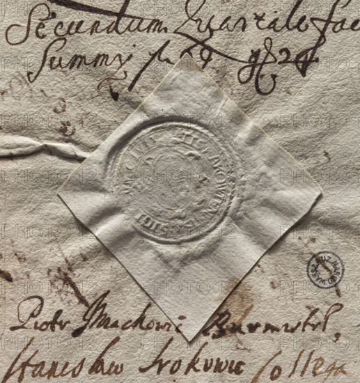 Round seal impression of the town of Raków. Oval cartouche with an illegible drawing of a crayfish (Warnia coat of arms); cartouche decorations interrupt the rim inscription in two places. In the rim, an inscription: * SIGILLUM CIVIT/ATIS RAKOVIENSIS. 1673. Poland. Seal. Maker: Witold Zurakowski (?-1927)