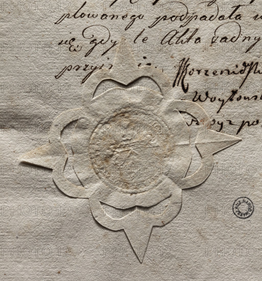 Round seal imprint of the town of Praga near Warsaw. The drawing in the seal field and the inscription are illegible. 1777. Poland. Stamp. Seal with coat of arms; city seal; official document seal. Maker: Witold Zurakowski (?-1927). Culture, visual documentation 2014/2015.