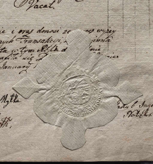 Round wax impression of the seal of the town of Rydzyna. On the field, a shield divided quarterly: 1st and 4th — the Lis coat of arms (an arrow crossed with its head pointing upwards); 2nd and 3rd — six heraldic lilies. In the rim, the inscription: SIGILLUM OPPIDI RADZYNAE ANNO 1789. Poland.