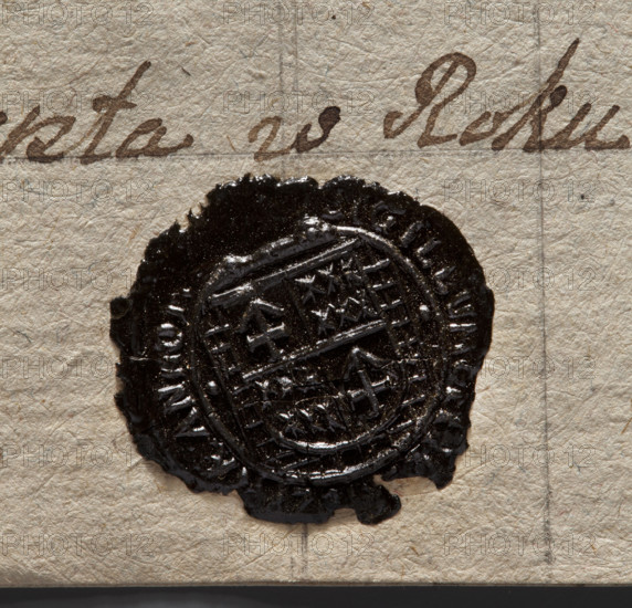 Round wax impression of the seal of the town of Rydzyna. On the field, a shield divided quarterly: 1st and 4th — the Lis coat of arms (an arrow crossed with its head pointing upwards); 2nd and 3rd — six heraldic lilies. In the rim, the inscription: SIGILLUM OPPIDI RADZYNAE ANNO ... 1786. Poland. Seal.