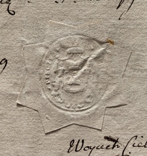 Oval seal impression of the town of Siedlce. Under the cap, on an ermine cloak, a crowned shield with a knight riding on horseback, holding a shield and a raised sword, under the horse's legs a fortress wall with three towers. The shield is held by two knights. Illegible inscription on the rim. 1789, Poland, seal, dimensions 1.34 mm × 2.38 mm.