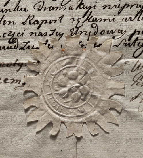 Round seal impression of the town of Secemin, Sandomierz Voivodeship, Checiny County. In the central field a six-petaled flower (possibly the Poraj coat of arms). Around the rim an inscription: SIGILL. CIVITATIS. 1778. Poland.