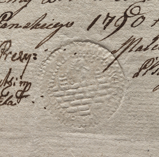 Round seal impression of the town of Sochaczew. In the beaded border there is a wall and two low towers; between them a probable human figure. The inscription in the beaded border is illegible. 1790, Poland.