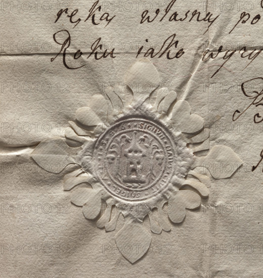 Round imprint of the city seal of Smigiel, Poznan Voivodeship, 1586. Round stamp showing a tower with a gate, two windows, battlements and a conical roof topped with a ball; gate and two windows appear in a vertical strip. Flanking the tower are two oaks with five branches ending in two acorns and four roots. Around the rim an inscription reads: SIGILLUM . MAIUS . CIVIT. . SMIGEL . A. . D. . 1. 5. 8. 6.