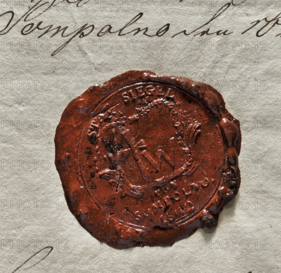 Round wax seal impression of the town of Sompolno, Konin Voivodeship. In a decorative rectangular cartouche a cross and the letter W. In the upper part of the rim the inscription: STADT SIEGEL. In the section below the cartouche: VON // SOMPOLNO // 1802. 1802, Poland, seal