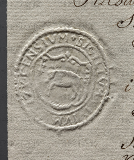 Oval seal impression of the town of Stezyca. In the decorative cartouche a pig facing right. Inscription around the rim: + SIGILLUM IVM ZYCENSIUM. 1792. Poland. Seal. Dimensions: 34 mm and 37.5 mm. Maker: Witold Zurakowski (?-1927). WQXBCFS