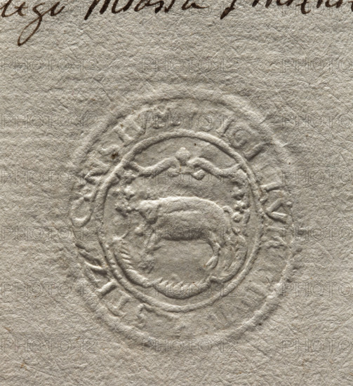 Oval seal impression of the town of Stezyca. In a decorative cartouche, a pig facing right. Inscription around the rim: + SIGILLUM, STIZYCENSIUM, 1792. City seal of the town of Stezyca; seals attached to documents; official seal with the town's coat of arms. Poland; dimensions: 35 mm and 37.5 mm.
