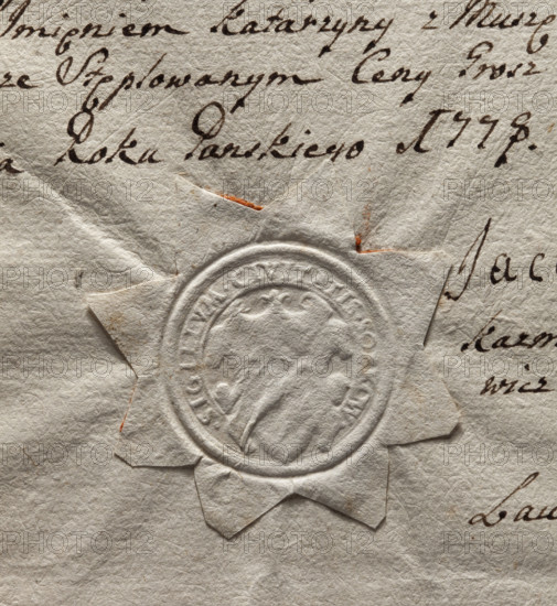 Round imprint of the seal of the town of Sobków. Illegible drawing in the decorative cartouche. Inscription around the rim: SIGILLUM . CIVITATIS . SOBKOW. 1778, Poland. Seal.