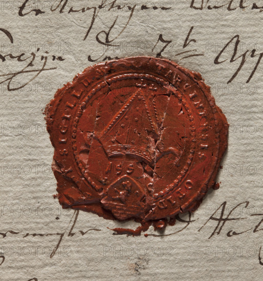 Round wax impression of the seal of the town of Tarczyn. In the central field a bishop's mitre; below it the date 1551. Below, interrupting the rim inscription, a shield with the Zaremba (Prawdzic) coat of arms and the letters 'NC.' In the rim an inscription: 'SIGILLUM TARCINENSIS.' Dated 1551, Poland.