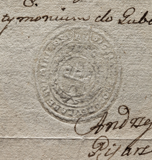 Oval seal impression of the town of Sulmierzyce, Kalisz Voivodeship. In an oval cartouche surrounded by a laurel wreath, a city wall with an open gate and three towers. Around the rim is the inscription: SIGIL. CONSULARE. 1777. Poland. Stamp. Size 1: 35 mm; Size 2: 39 mm. Seals attached to documents; dry impression. Seal type: town seal; seals with an architectural structure; seals with the town's coat of arms. Maker: Zurakowski, Witold (?-1927).