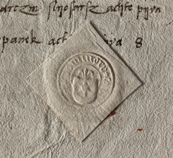 Round dry seal impression of the town of Tarnów. On the shield the Leliwa coat of arms with a jewel. Illegible Gothic inscription on the rim. 16th century, Poland.