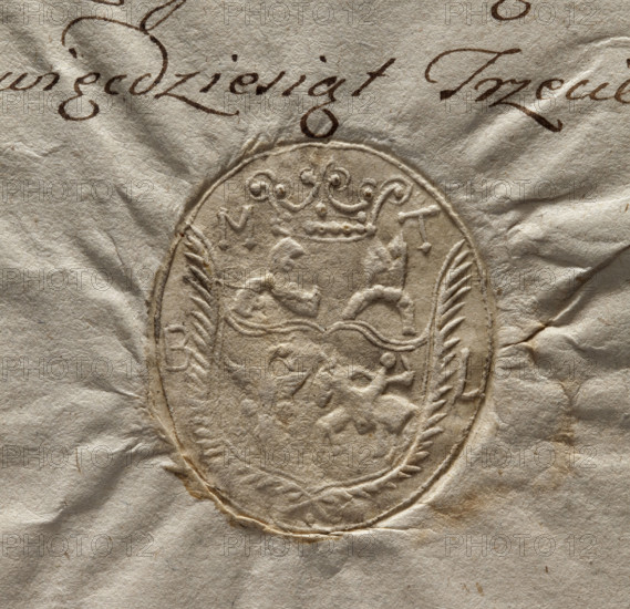 Oval seal impression of the town of Torczyn, Lutsk district. Beneath the noble crown, a shield surrounded by two palm branches with the Eagle and the Pahonia. Above the shield, the Traby coat of arms and a bishop's mitre. On the sides of the crown, the letters MT (the city of Torczyn). On the sides of the shield, the letters BL (Lucki bishops). 1793. Seal. Sizes: 33 mm and 38 mm.