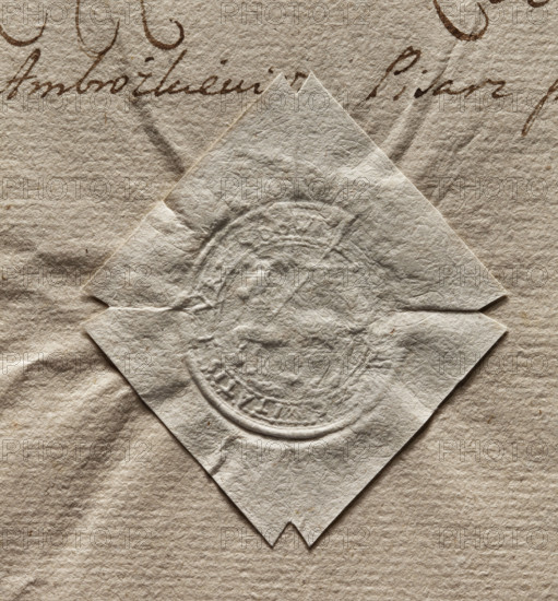 Round dry impression seal of the town of Urzedowa, Lublin Voivodeship (1782). Round seal with a pearl-shaped rim; within the rim a lamb with a flag facing right. Partially illegible rim inscription: + CIWITATIS + URZENDOW. Materials/technique: stamp (dry impression).