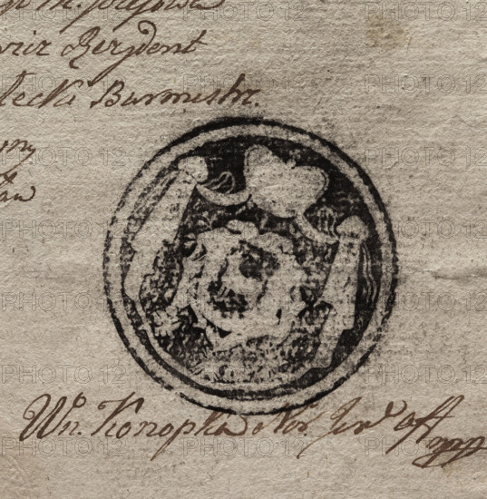 Round ink print of the seal of the town of Józefów, Lublin Voivodeship, Urzedów County. On an ermine cloak, under the royal crown, a shield with the Ciolek coat of arms. Below the shield, on a ribbon, three orders. This is the coat of arms of St. Poniatowski, Treasurer of the Grand Duchy of Lithuania. 1788, Poland. Seals; city seal; official seal; dry impression; seals attached to documents; seals with town walls; seals with coats of arms.
