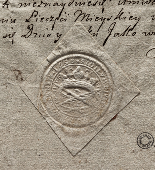 Round dry seal impression of the town of Walcz, Pila Voivodeship, 1658. Round seal showing a crown above a star, with a crossed sword and palm branch tied with a ribbon beneath. Inscription on the inner rim: 'IVSTI // TIA PA // CI // FI//CAT.' Inscription on the outer rim: '* SIGILLUM. CIVI, CENSIS * 1658 *.' Seal with town coat of arms; official municipal seal (stamp), Poland. Maker: Zurakowski, Witold (?-1927)