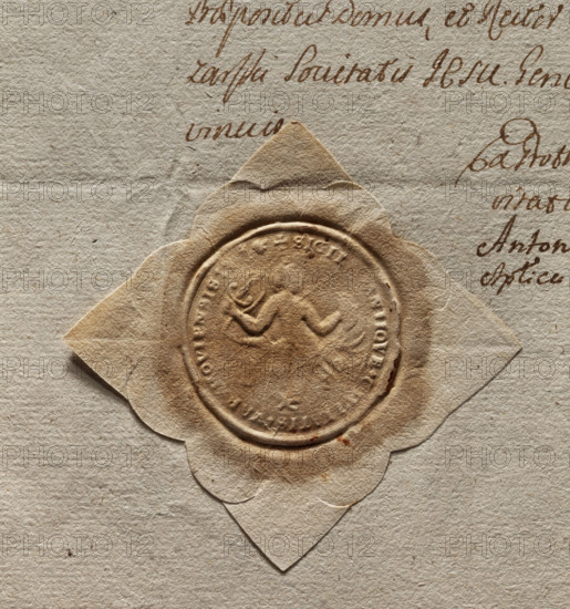 Round impression of the seal of the city of Warsaw. A mermaid with wings, a tail and legs of a griffin. In her right hand she holds a sword, in her left a shield. Around the rim is the inscription: + SIGIL, ANTIQVE + CIVITATIS + VARSHOVIENSIS :, +, 1735, Poland, seal