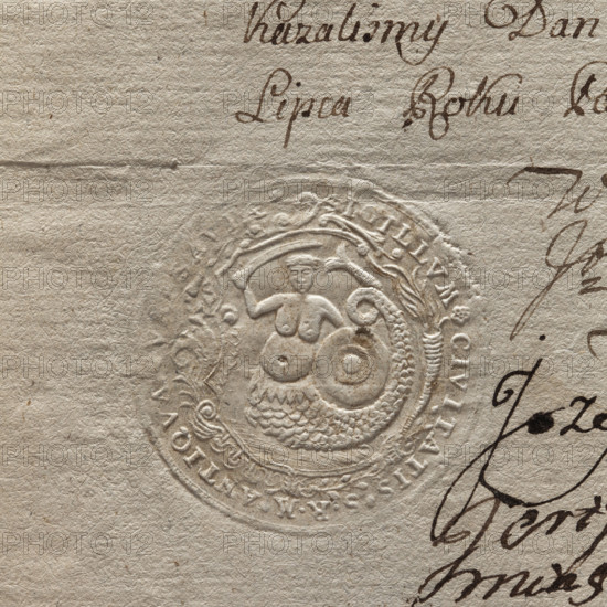 Round impression of the seal of the city of Warsaw. In a Baroque cartouche a mermaid with a fish tail, a sword and a shield. In the rim an inscription: SIGILLUM * CIVITATIS * S . R . M . ANTIQVA * VARSAVIAE. 1764, Poland, seal