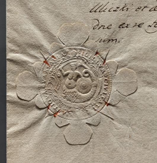 Round impression of the seal of the city of Warsaw. In a baroque cartouche a mermaid with a fish tail, a sword and a shield. In the rim an inscription: SIGILLUM : CIVITATIS : S . R . M . ANTIQVAE VARSAVIAE :, 1764, Poland, dry impression, attached to documents, round seal, official city seal, seals with the city coat of arms, documents.