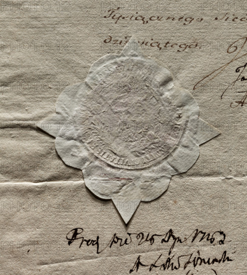 Round impression of the seal of the City of Warsaw. The drawing in the palm branch cartouche is illegible. The inscription in the rim is partly illegible: ICY, ANNITI CIVITATIS S . R . M ., ., 1789. Poland. Seal (stamp).