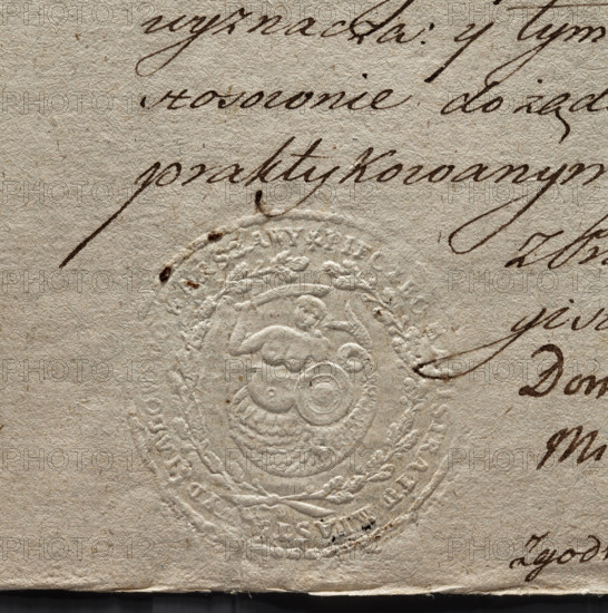 Round impression of the seal of the city of Warsaw. In a wreath of oak branches a mermaid with a fish tail, a sword and a shield. In the rim the inscription: '+ SEAL OF THE DEPARTMENTAL CITY OF WARSAW +', 1795, Poland; dry impression, seal.
