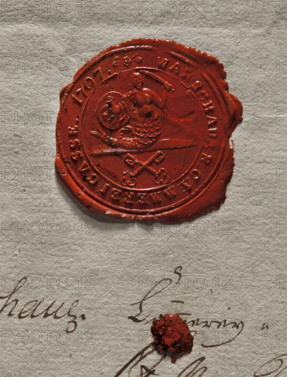 Round wax impression of the seal of the city of Warsaw. A mermaid with a fish tail, a sword in her left hand and a shield with a Prussian eagle in her right hand, turned to the left. Below her, two crossed keys. In the rim, an inscription: WARSCHAUER CAEMMEREI CASSE .1797. Dated 1797. Poland. Seal.