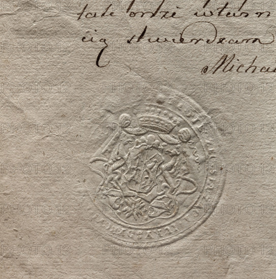 Round dry impression of the seal of the entail jurisdiction of the city of Warsaw. Beneath the count's crown on an ermine cloak, two griffins hold a bipartite shield: on a red background, 1st field the Kosciesza coat of arms; 2nd field a dog holding a sword. Around the rim the inscription: PIECZEC. SLUZACA. IVRYSDYKCYI. Under the shield on the ribbon, the Order of the White Eagle. 1777, Poland, seal.