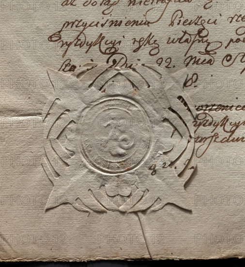 Oval impression of the seal of the city of Warsaw. A mermaid with a sword raised above her head, with a shield, a fish tail and a wing. Partially illegible rim inscription: . SI, UM SOLECENSIS . AD . VA, M., 1778. Poland. Seal. Dimensions: 1 43 mm; 2 45 mm.