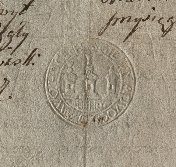 Round dry impression of the town seal of Wachock (1794). Circular seal showing a city wall with three towers, flags on the roofs. Inscription around the rim: . SIGILLUM ADVOCA, A WOHOCENSIS. Poland.