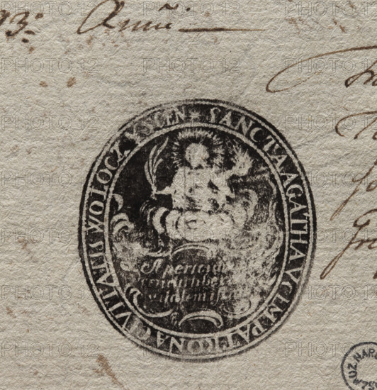 Oval ink print of the seal of the town of Woloczyska, Volhynian Voivodeship, Krzesieniecki County. In the upper field, among the clouds, half a figure of Saint Agatha is visible with the palm of martyrdom in her right hand. Below, in a decorative cartouche, an illegible Latin inscription. In the rim, the inscription: *SANCTA AGATHA VcEM PATRONA CIVITATIS WOLOCZYSCEN*. 1793. Stamp; dimensions: 38 mm and 42 mm.
