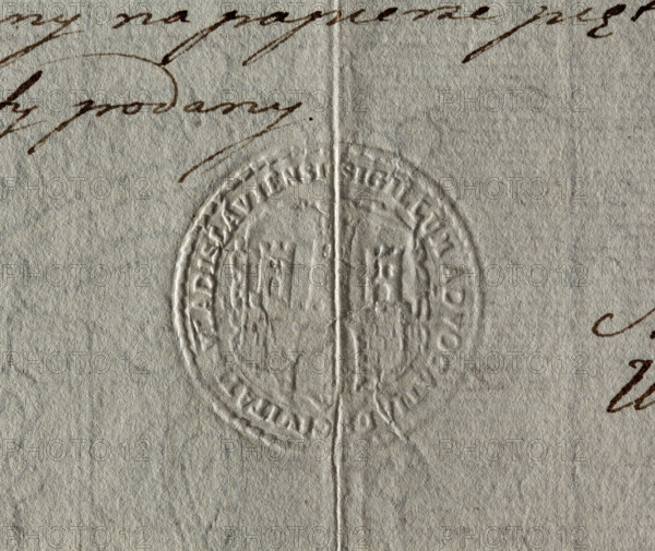 Round impression of the city seal of Wloclawek. City wall with an open gate, battlements and three towers, the middle one higher, topped with battlements — in a decorative cartouche. Inscription around the rim: *SIGILLUM ADVOCATIALE CIVITATIS VLADISLAVIENSI*. 1780, Poland. Seal; dry impression attached to a document. Maker: Zurakowski, Witold (?-1927). Style: official city seal.